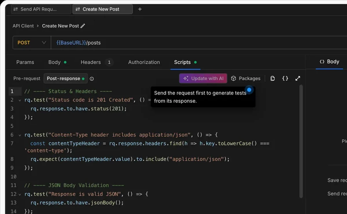 The Test Authoring Agent generating API tests from a response in Requestly