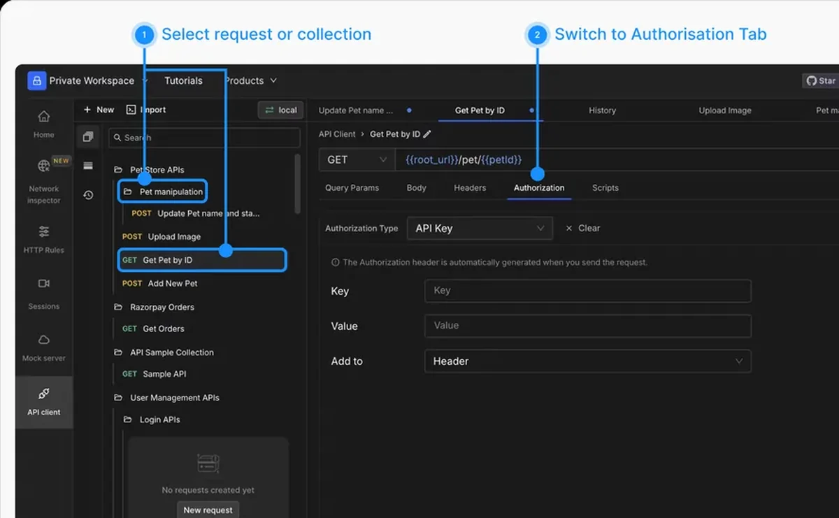 Configuring API authorization in the Requestly API Client