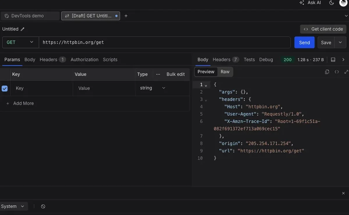 The DevTools panel in the Requestly API Client showing console and network activity