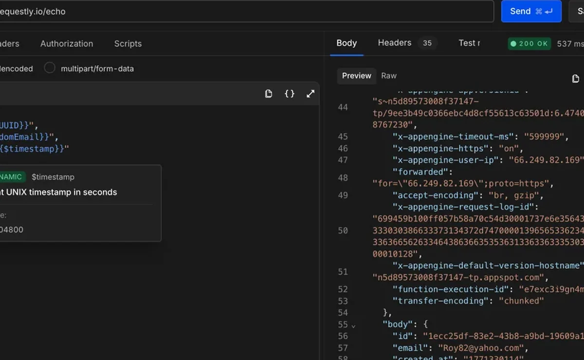 Using dynamic variables to generate random user data in a Requestly request