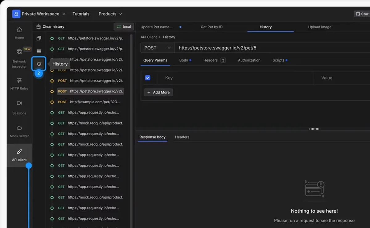 API call history in the Requestly API Client, ready to replay