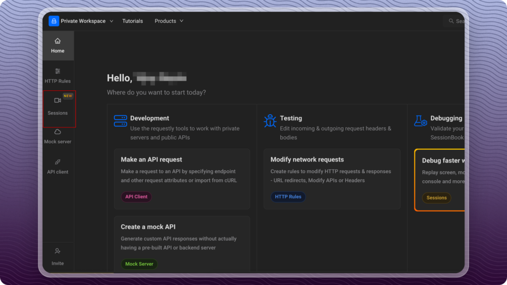 Session boom menu to download network logs