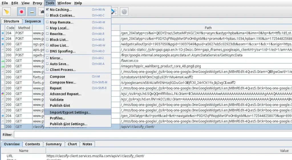 Charles proxy menu Import Export settings