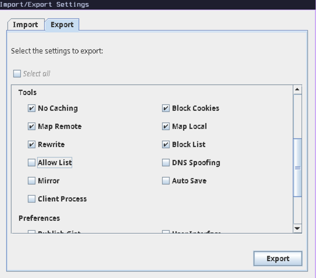 Import Export Setting popup