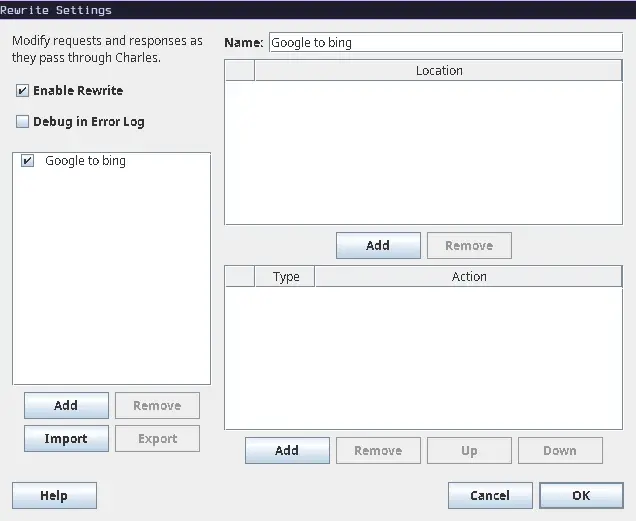 Charles proxy rewrite tool settings