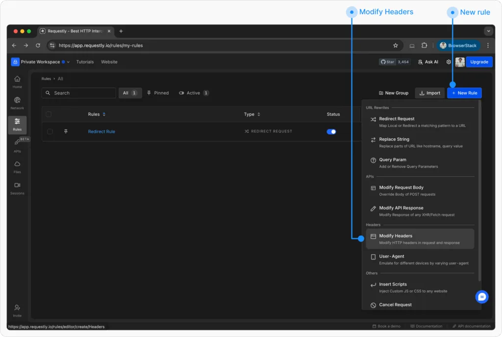 Click On Modify Header - Requestly