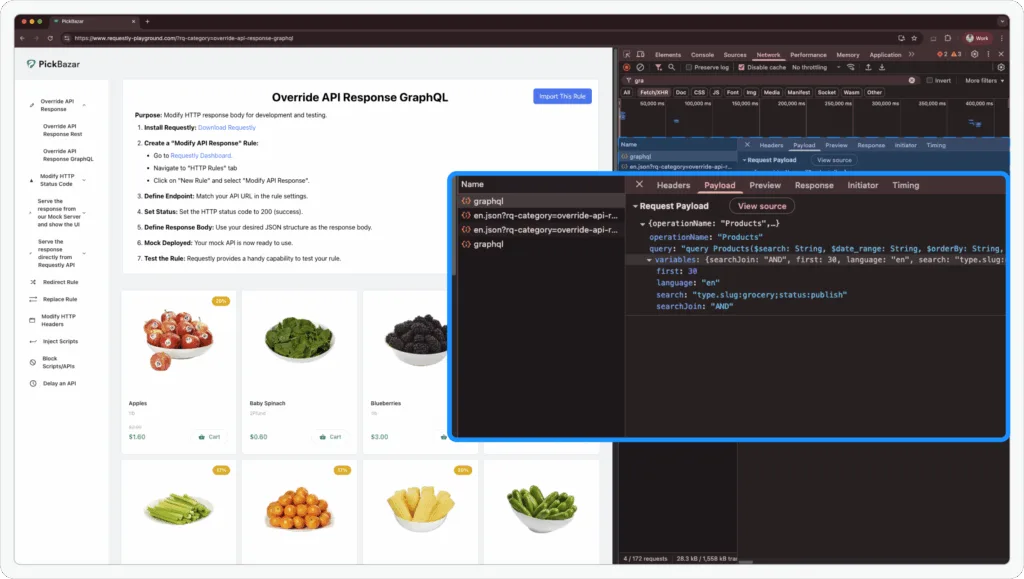 Requestly Playground GraphQL query - Requestly Requestly Playground GraphQL Query in devtools