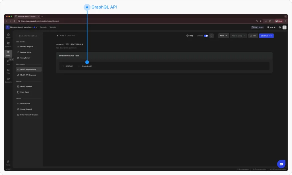 Select GraphQL as request type - Requestly Select GraphQL as request type