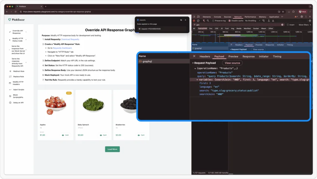 Modified GraphQL request in devtools - Requestly Modified graphQL request in devtools and limited products