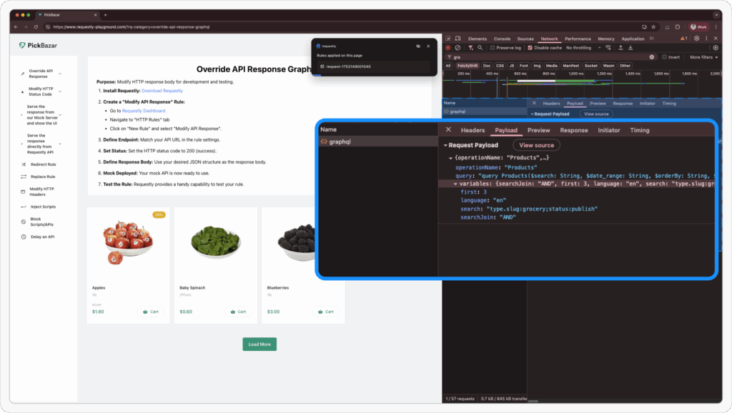 Modified graphQL request in devtools and limited products