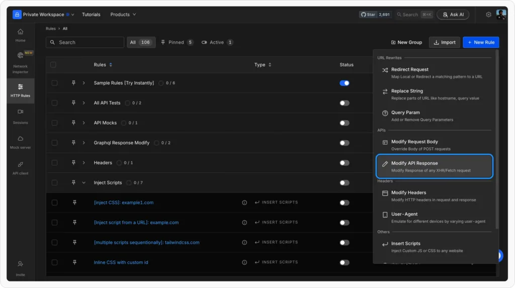 Create New Rule - Requestly API Client