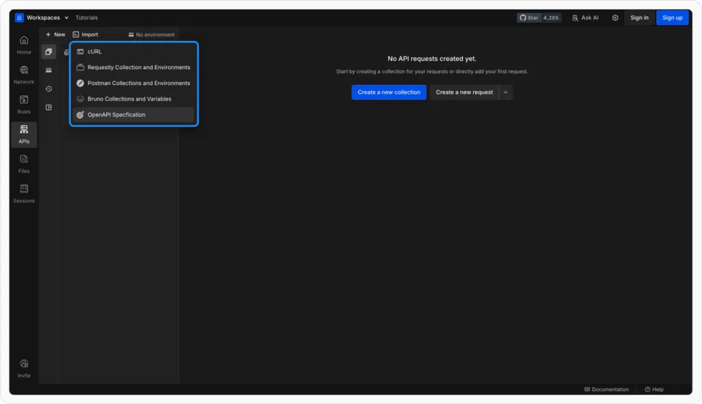 Import Dropdown - Requestly API Client