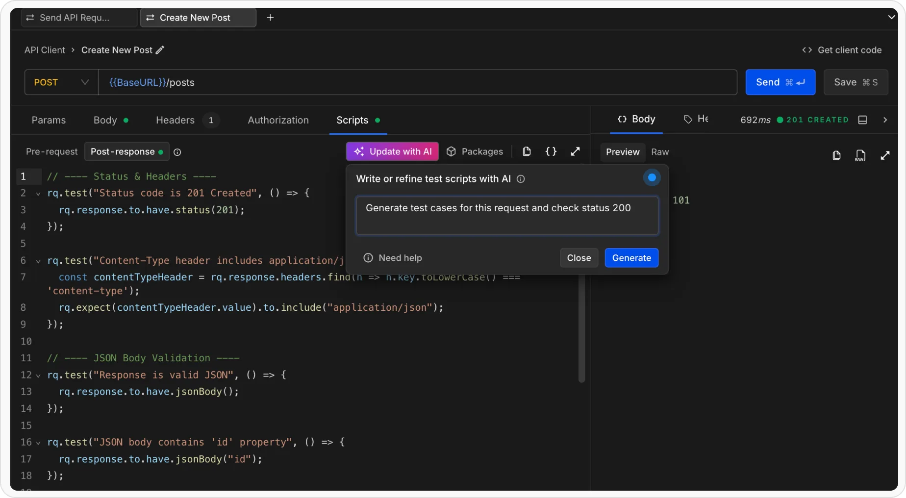 test authoring agent - ai test generator dialog - requestly api client test authoring agent - ai prompt