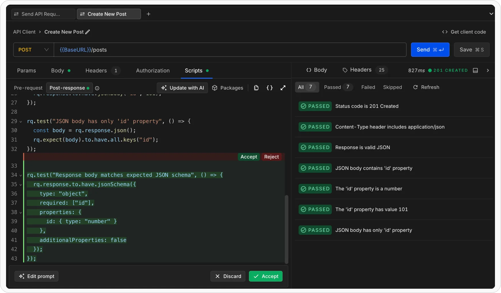 test authoring agent - review the output 2 - requestly api client test authoring agent - review changes