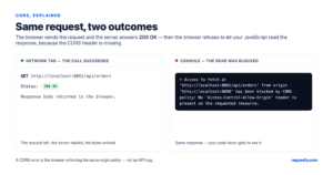 same request, two outcomes: 200 ok in the network tab but blocked by cors policy in the browser console